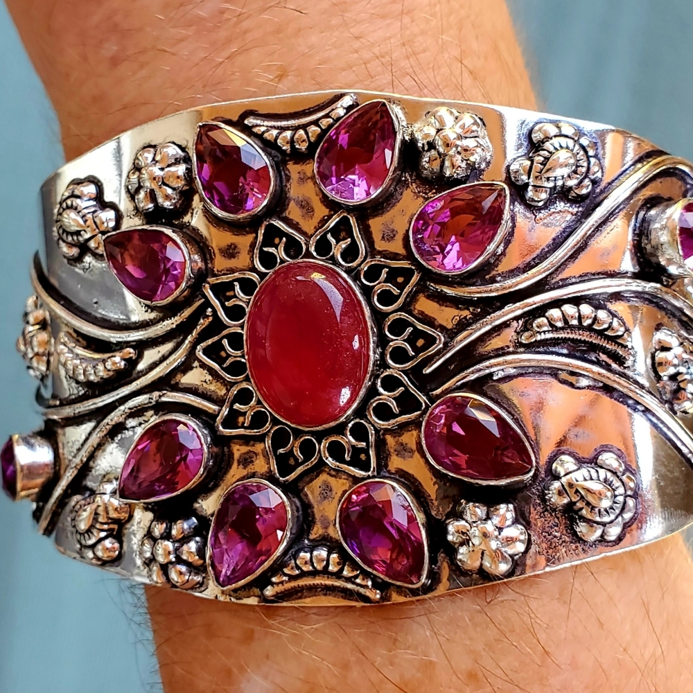 New Ruby & Amethyst 925 Silver Statement Bracelet.